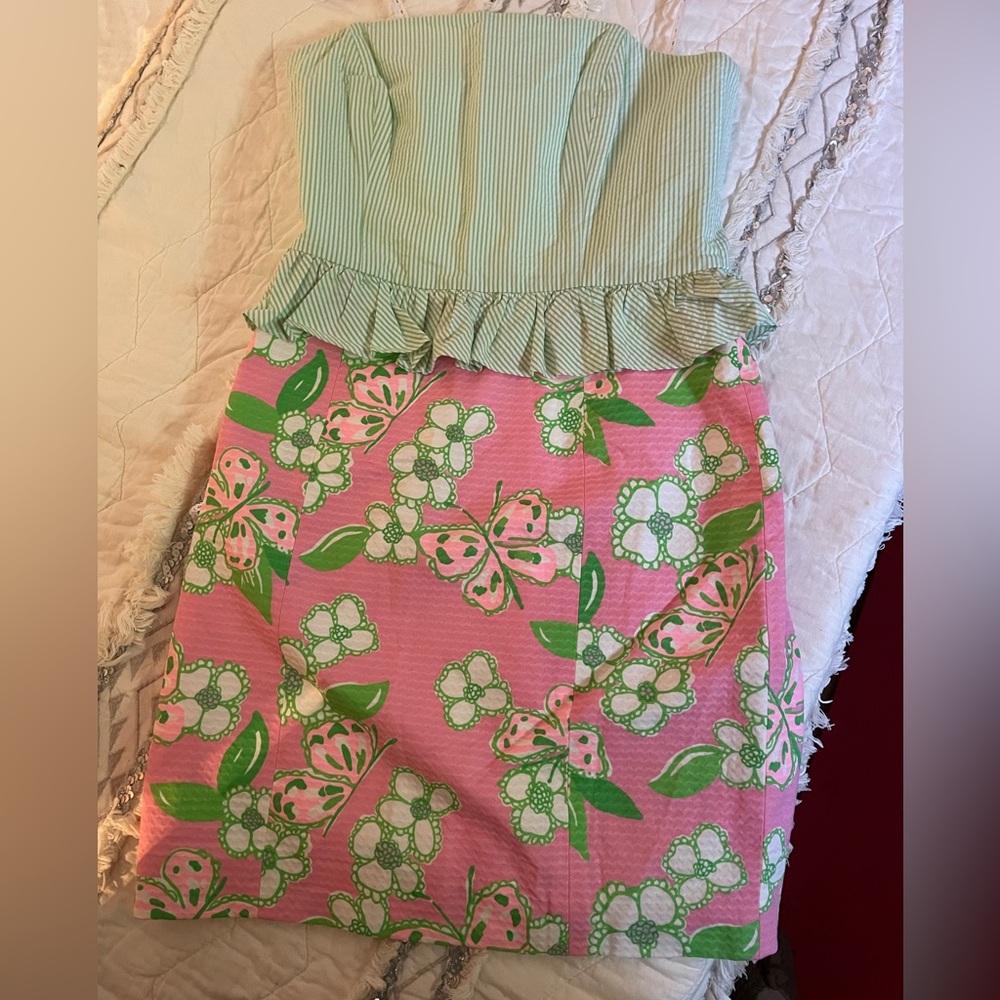 EUC Lilly Pulitzer 🦄 90’s vintage strapless ruffle dress,size 8. Summer party🔥